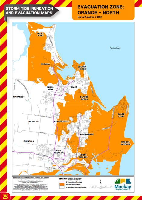 Flood maps showing regions at risk of 2 meter (8 feet) storm surges. (Image: Mackay Regional Council)